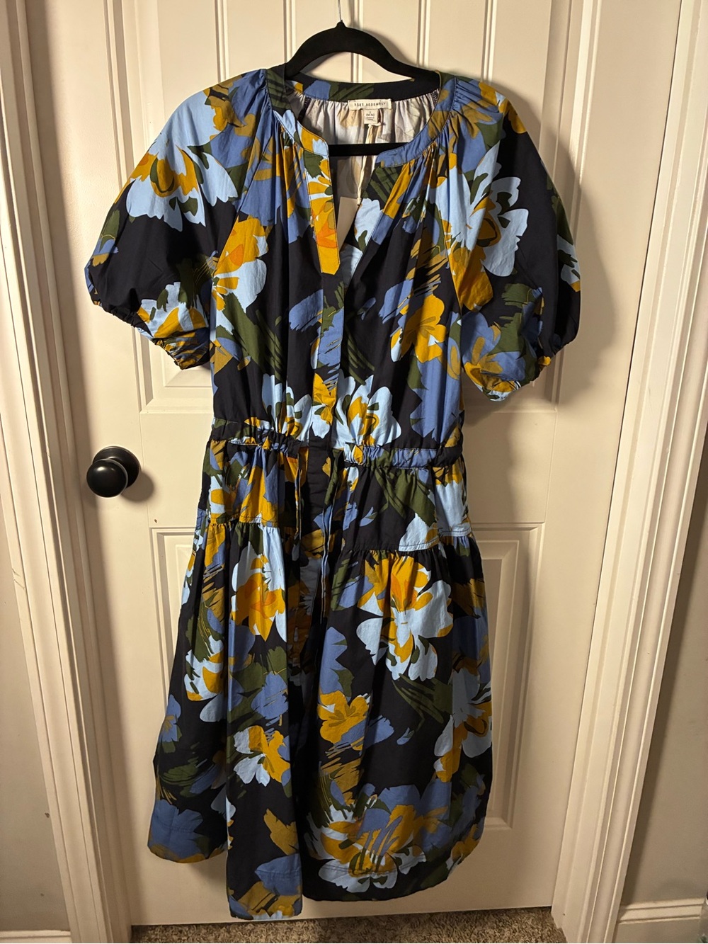 Floral Puff-Sleeve Midi Dress in Navy with Mustard and Light Blue